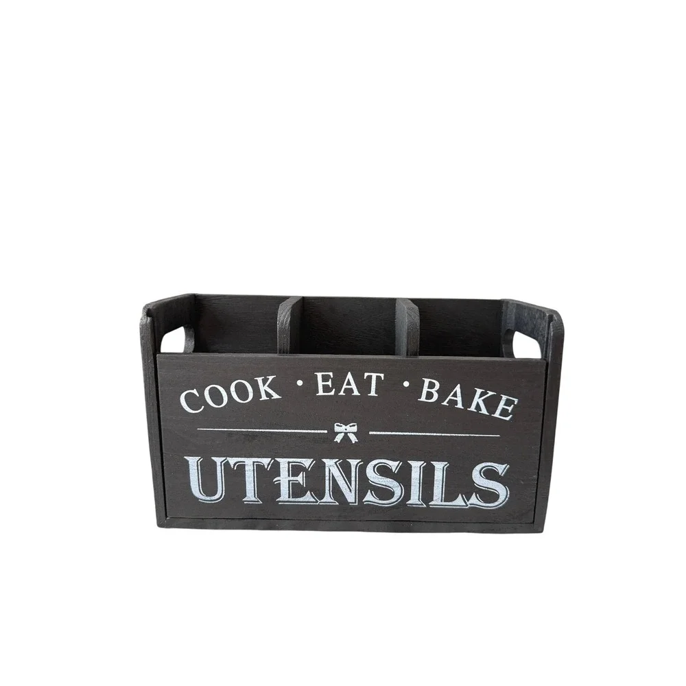 Black Wooden Utensil Holder Caddy Farmhouse Kitchen Organizer 3 Compartments